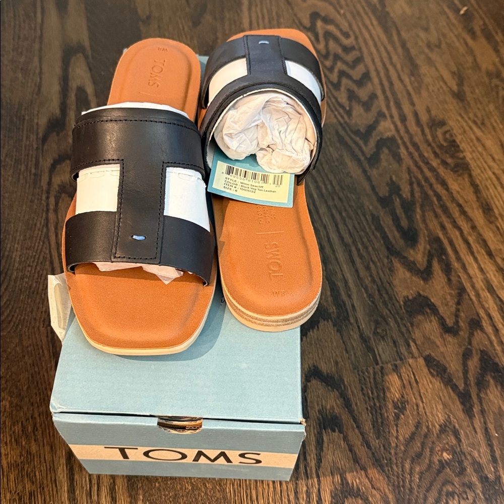 TOMS Black and Brown Slide Sandals- New in Box